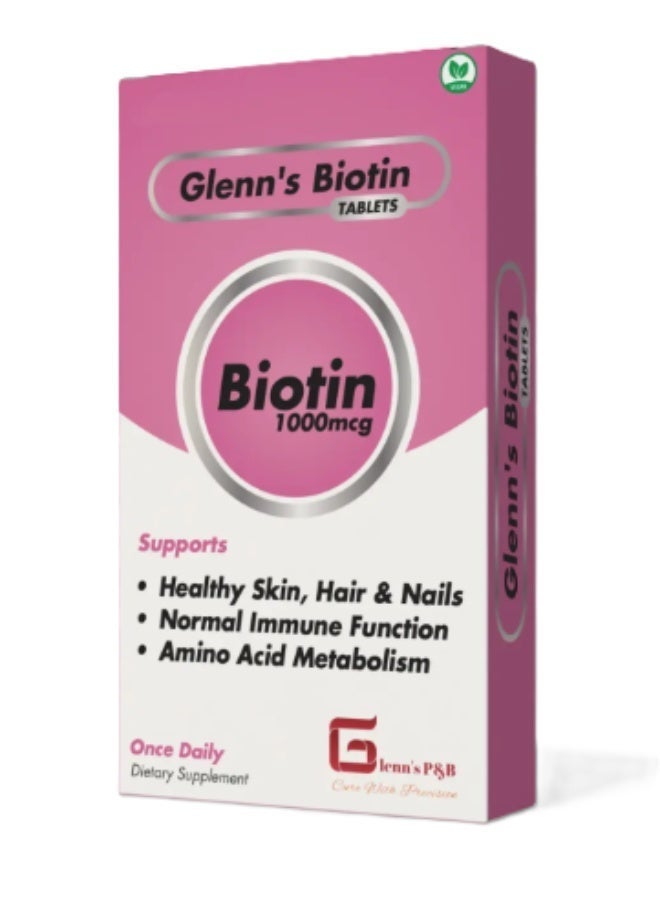 Vegan Glenn’s Biotin Dietary Supplement Tablets – Supports Healthy Hair, Skin & Nails, 30 Tablets - Image 1